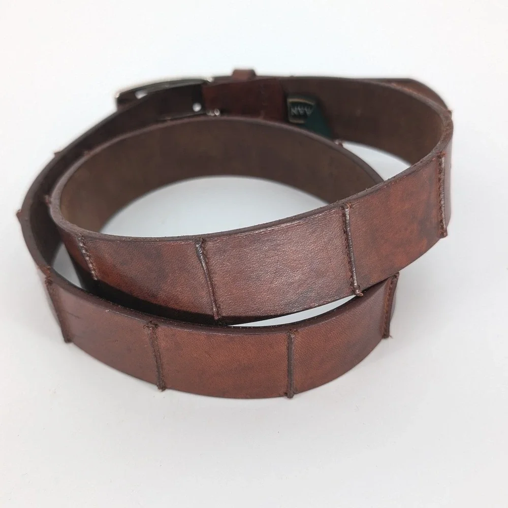 Cole Haan Belt Mens 38 Brown Italian Handcrafted Leather Paneled Silver Buckle